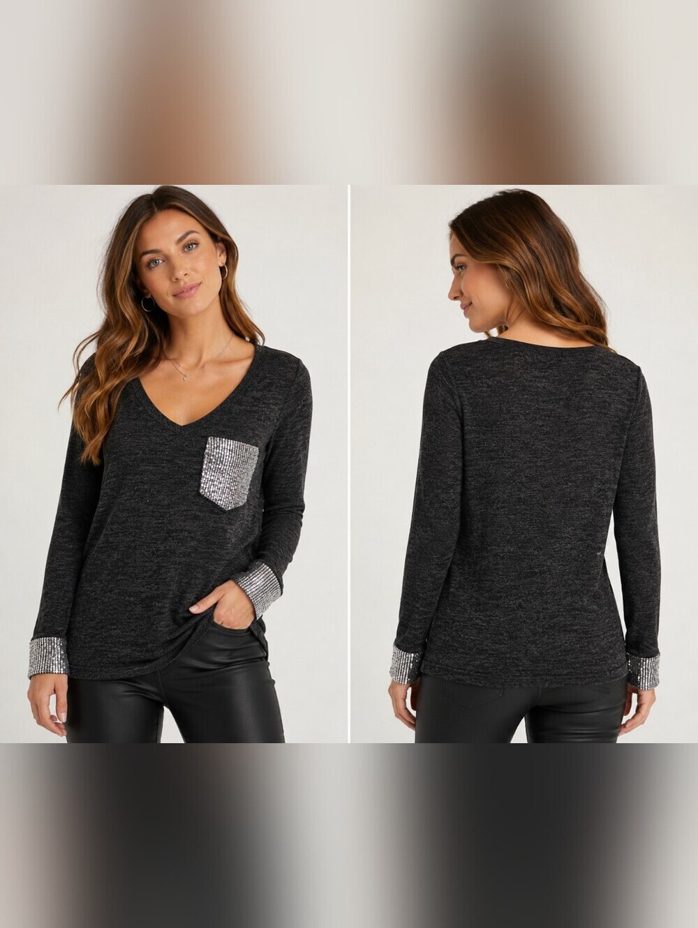 ✨ 12PM by Mon Ami Charcoal Sequin Pocket Long Sleeve Top | Glam Casual Sparkle M